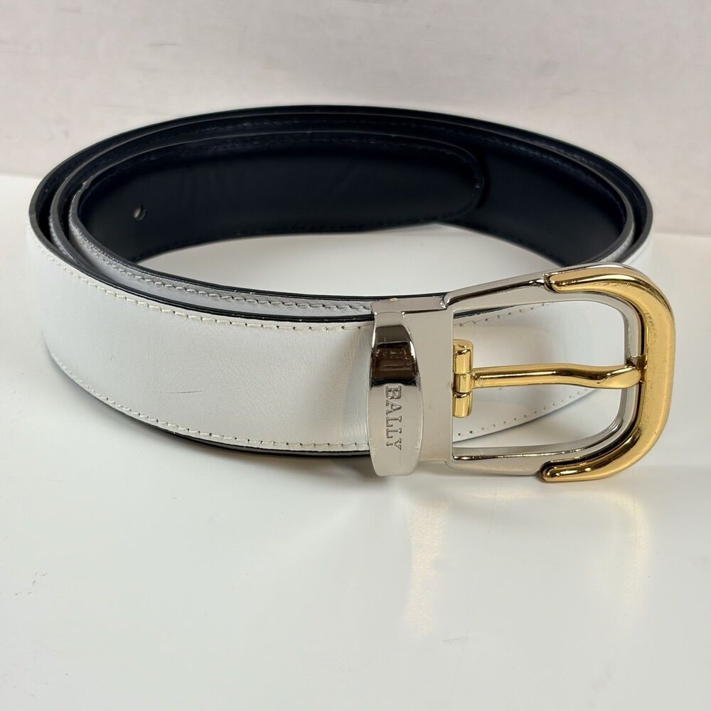 VTG Bally Switzerland Men's White Leather Belt Goldtone Gold Silver Buckle